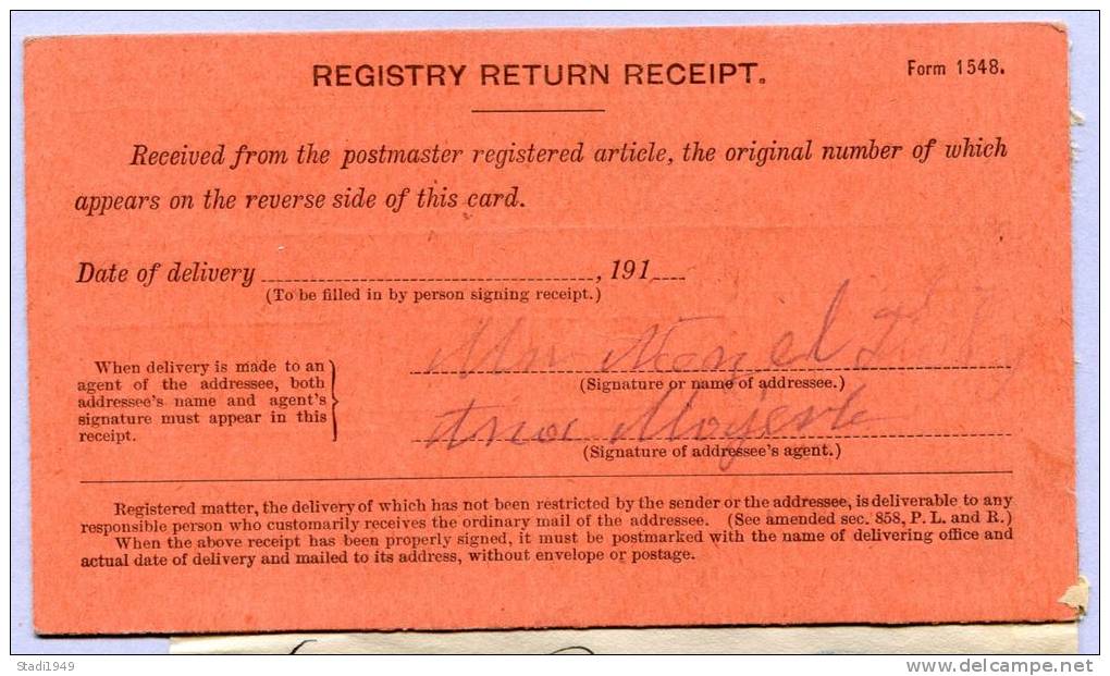 Registry Return Receipt Omaha Chicago 1913 Consulat Austria  (300) - 1901-20
