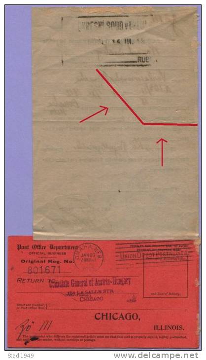 Registry Return Receipt Omaha Chicago 1913 Consulat Austria  (300) - 1901-20