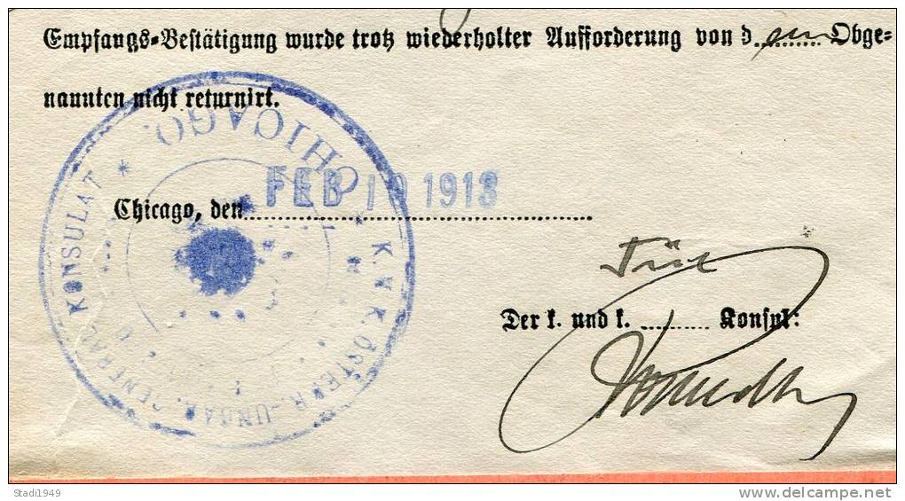 Registry Return Receipt Omaha Chicago 1913 Consulat Austria  (300)