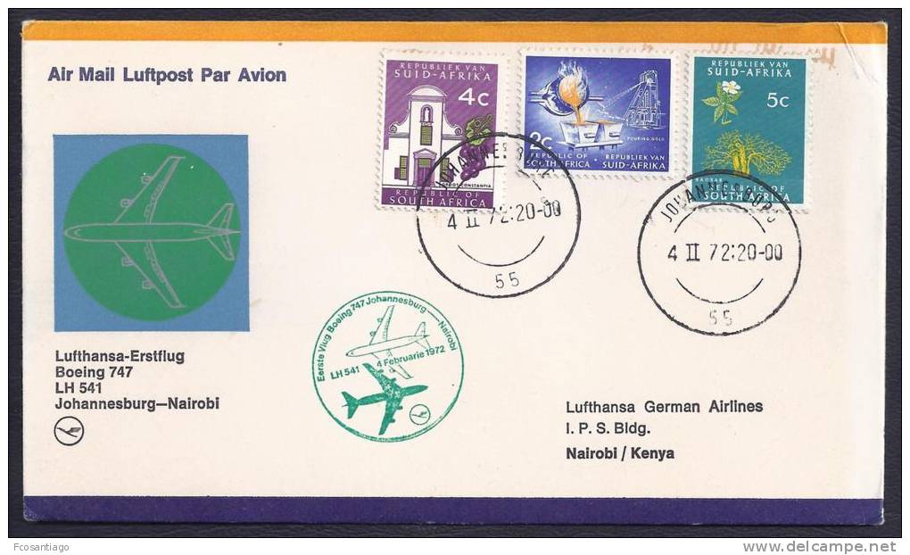 FIRST FLIGHT - Lufthansa LH 541 Johannesburg-Nairobi - 04 Feb1972 - FDC