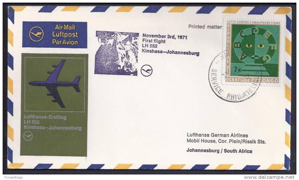 FIRST FLIGHT - Lufthansa LH 552 Kinshasa-Johannesburg - 03 Nov1971 - FDC