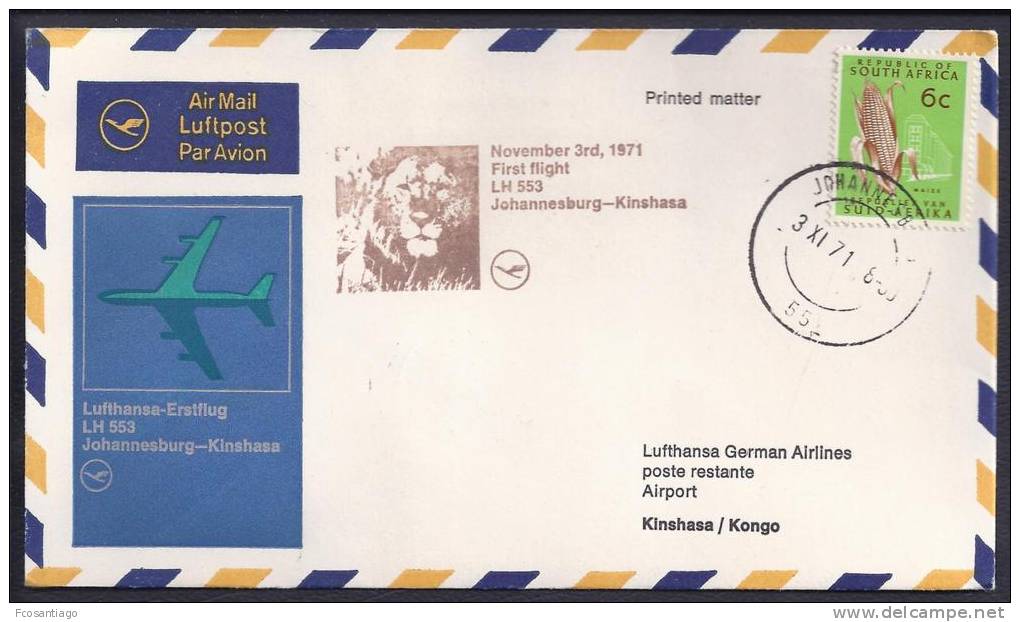 FIRST FLIGHT - Lufthansa LH 553 Johannesburg-Kinshasa - 03 Nov.1971 - FDC