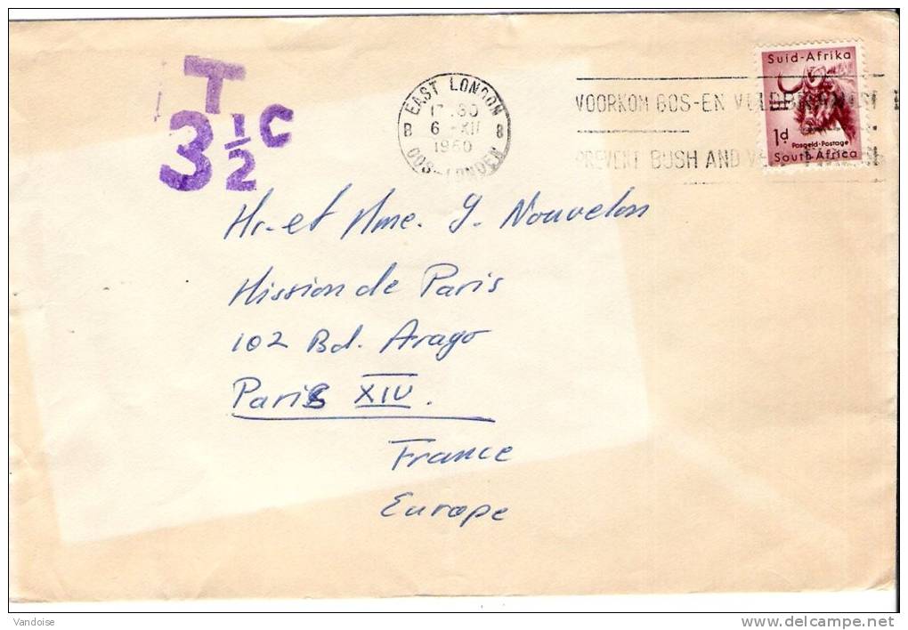 LETTRE TAXEE DE 1950 POUR LA FRANCE - Covers & Documents