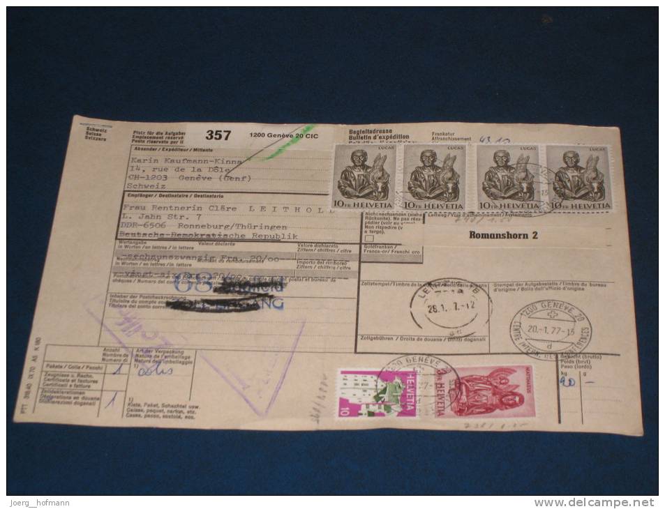 Schweiz Swiss Switzerland Paket Karte Paketkarte 1977 43,10 Fr. Genf - Ronneburg DDR Suisse Svizzera Zoll - Covers & Documents