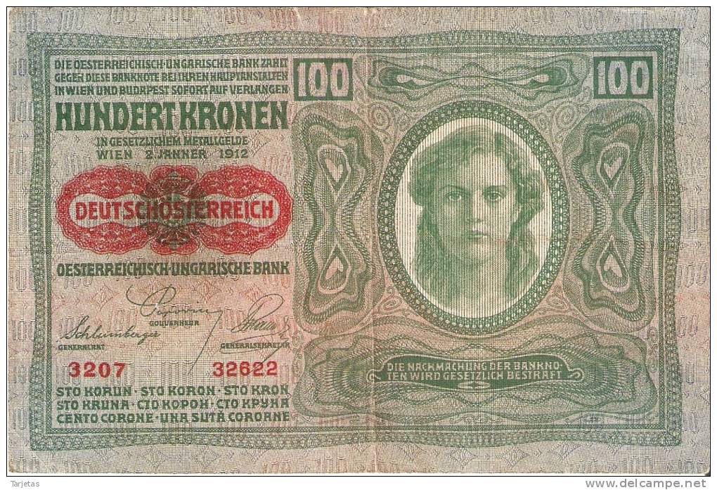 BILLETE DE AUSTRIA DE 100 KORONA DEL AÑO 1912 (BANK NOTE) - Austria