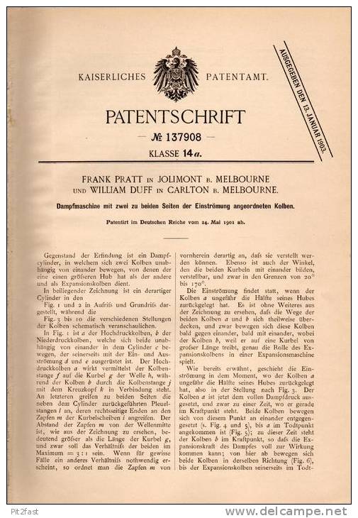Original Patentschrift - F. Pratt Und W. Duff In Jolimont Und Carlton , 1901 , Steam Engine , Dampfmaschine , Melbourne - Tools