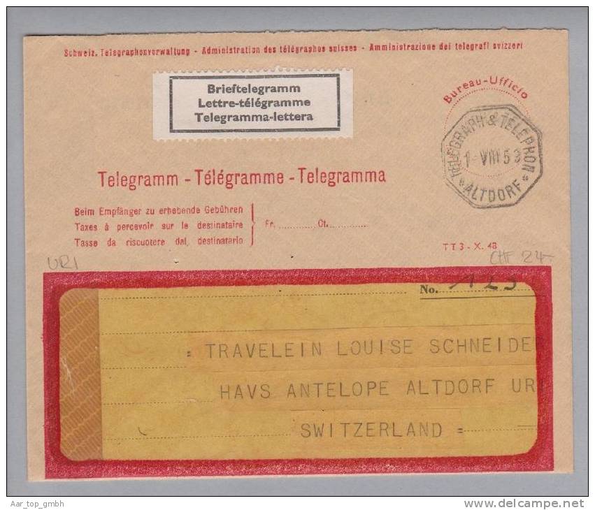 Heimat Uri Altdorf Telegraph 1953-08-01 Brieftelegramm - Telegraafzegels