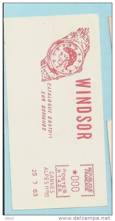 1963, Cannes, Montre, "Windsor" - EMA Secap N, Spécimen De Présentation - Feuillet 12 X 6 Cm  (K847) - Horlogerie