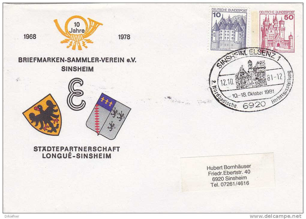 BRD  PU 112 / 85, BSV Sinsheim Städtepartnerschaft Longué-Sinsheim, SoStpl: Sinsheim 2.NordBad. Herbstausst. 12.10.1981 - Privatpost