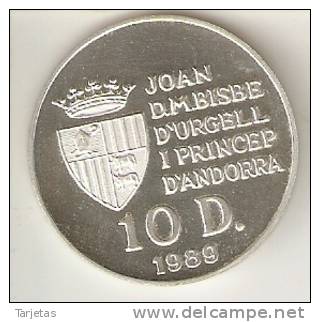 MONEDA DE PLATA DE ANDORRA DE 10 DINERS AÑO 1989 DE LAS OLIMPIADAS DE BARCELONA 1992 (FUTBOL-FOOTBALL) SILVER-ARGENT - Andorra