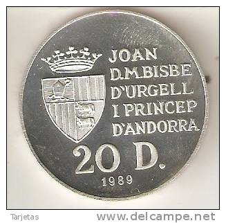 MONEDA DE PLATA DE ANDORRA DE 20 DINERS AÑO 1989 DE LAS OLIMPIADAS DE BARCELONA 1992 (VELA) SILVER-ARGENT - Andorra