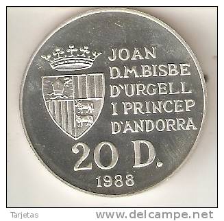 MONEDA DE PLATA DE ANDORRA DE 20 DINERS AÑO 1990 DE LAS OLIMPIADAS DE BARCELONA 1992 (AROS) SILVER-ARGENT - Andorra