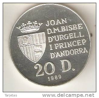 MONEDA DE PLATA DE ANDORRA DE 20 DINERS AÑO 1989 DE LAS OLIMPIADAS DE BARCELONA 1992 (PIRAGÜISMO) SILVER-ARGENT - Andorra