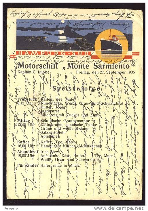 CARTOLINA       MOTORSCHIFF " MONTE SARMIENTO "       MENÜ    -     HAMBURG - SUD    KAPITÄN C.  LUBBE  1935 - Chiatte, Barconi