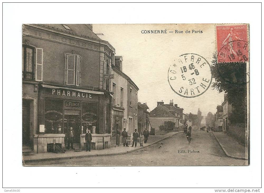 72 - Connerré Rue De Paris Belle Animation Carte Sépia - Connerre