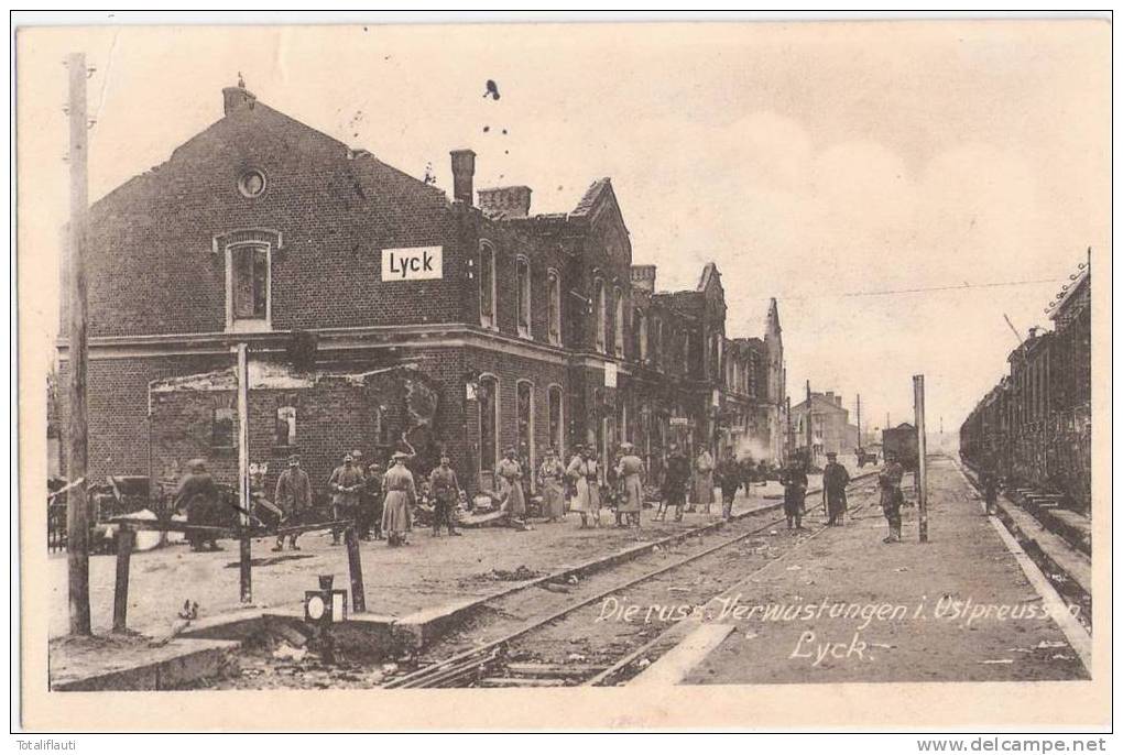 LYCK Bahnhof Belebt Soldaten Güterzug Zerstörungen WW I Elk Feldpost 2.9.1915 Gelaufen - Ostpreussen