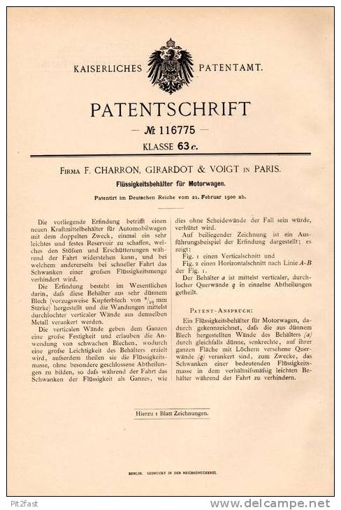 Original Patentschrift - F. Charron , Girardot & Voigt In Paris , 1900 , Reservoire Pour Automobile !!! - Cars