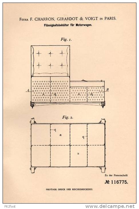 Original Patentschrift - F. Charron , Girardot & Voigt In Paris , 1900 , Reservoire Pour Automobile !!! - Cars