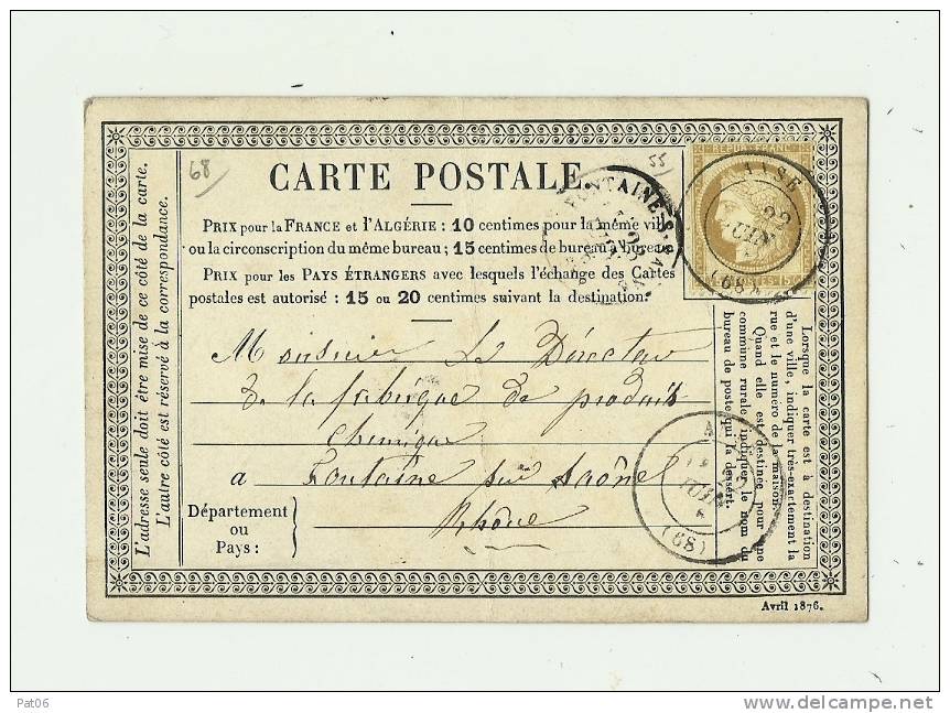 RHÔNE ( 68 ) &ndash; ANSECPI Ordinaire - Tarif à 15c. (15.1.1873/30.4.1878)N°5 5  -  15c. Cérès III° République - Precursor Cards