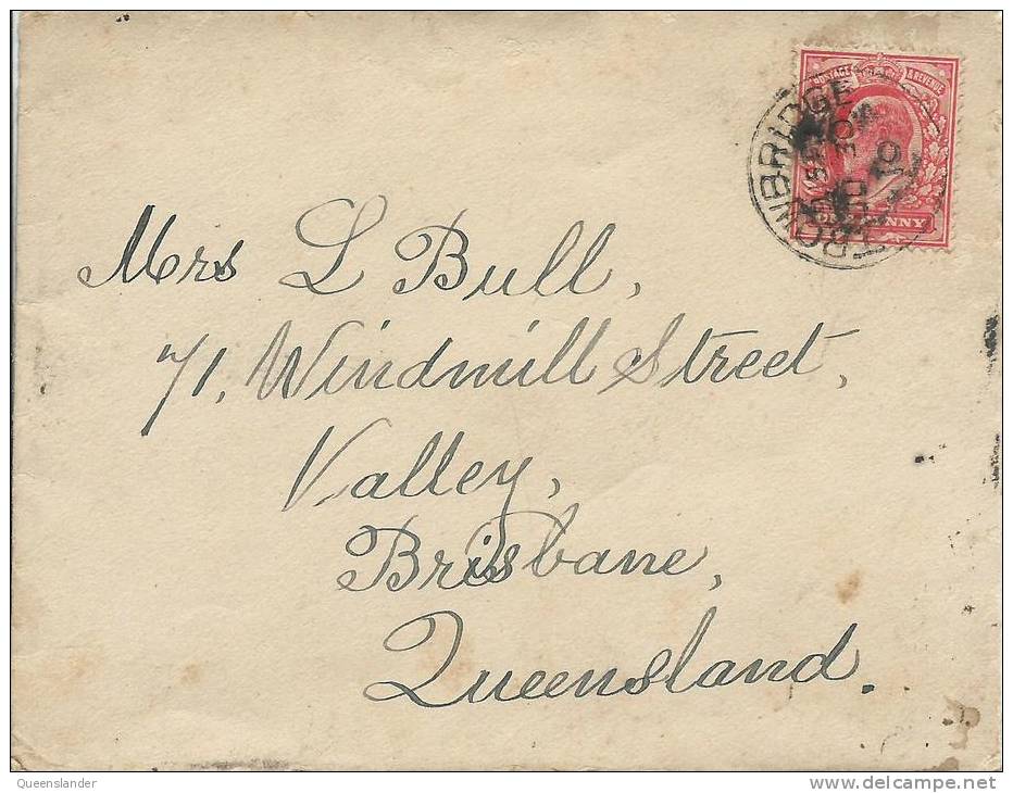 1910 Cover UK To Queensland  Australia Trowbridge To Brisbane  Cover 1d Red  Top Opened - Lettres & Documents
