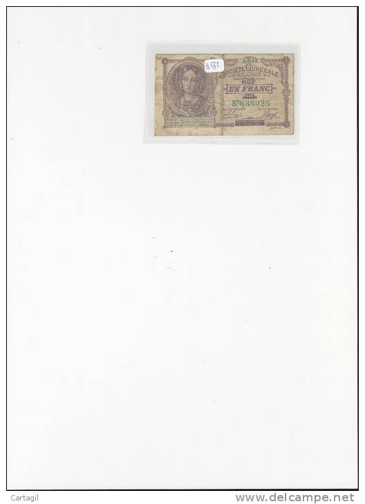 Billets -  B588 - Billet 1 Franc Format 85x50mm "1 Franc" à échanger" à La Sté Générale De Belgique ( 2 Scans) - Andere & Zonder Classificatie