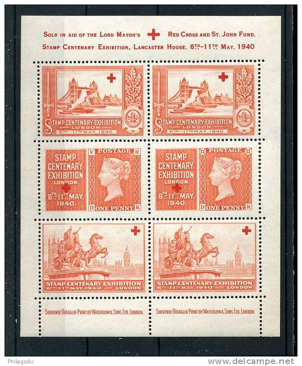 1940  Bloc De Vignettes RED CROSS  Magnifique Gravure  Centenaire Du Premier Timbre - Blocs-feuillets