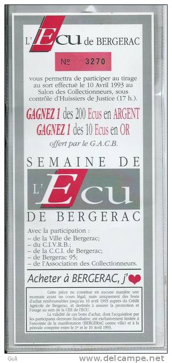 Monnaie ECU De BERGERAC (blister D' Origine)- ECU Numéroté 3270 (année 1993) -Semaine De L'Ecu De Bergerac - Euro Der Städte