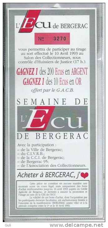 Monnaie ECU De BERGERAC (blister D' Origine)- ECU Numéroté 3270 (année 1993) -Semaine De L'Ecu De Bergerac - Euros Des Villes