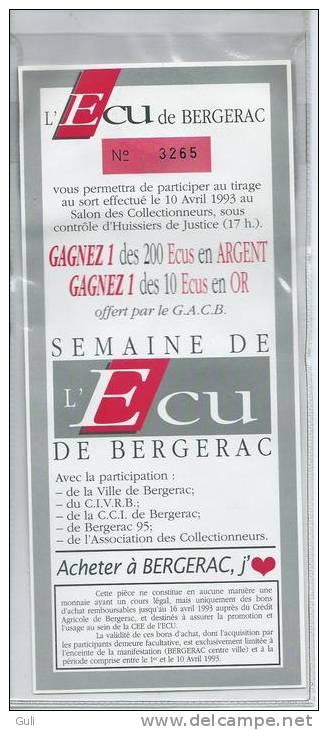 Monnaie  ECU De BERGERAC (blister D' Origine)- ECU Numéroté 3265 (année 1993) -Semaine De L'Ecu De Bergerac - Euro Delle Città