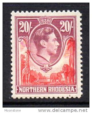 Northern Rhodesia GVI 1938 20/- Carmine & Rose-purple, Very Lightly Hinged Mint (A) - Northern Rhodesia (...-1963)