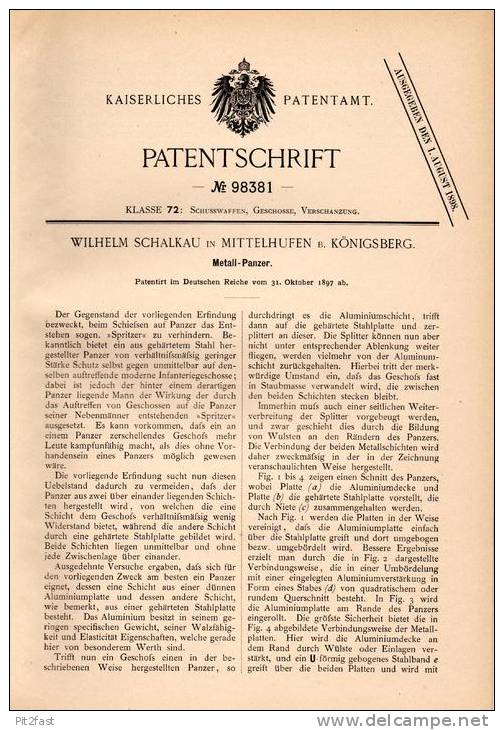 Original Patentschrift -W. Schalkau In Mittelhufen B. Königsberg ,1897, Panzerschreck , Geschoss Gegen Panzer , Munition - Ausrüstung