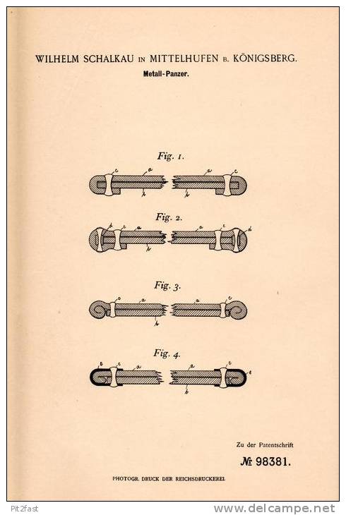 Original Patentschrift -W. Schalkau In Mittelhufen B. Königsberg ,1897, Panzerschreck , Geschoss Gegen Panzer , Munition - Ausrüstung