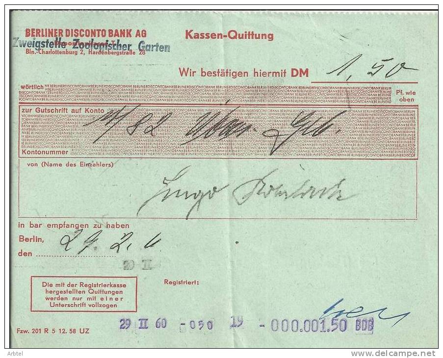 ALEMANIA DOCUMENTO BANCARIO BERLINER DISCONTO BANK 1960 - Bank & Insurance