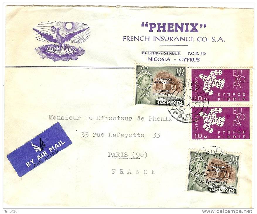 LBL16 - CHYPRE LETTRE AVION NICOSIA / PARIS 3/4/1962 EN-TËTE PHENIX - Lettres & Documents
