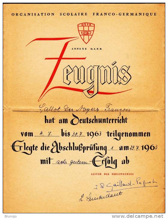 Organisation Scolaire Franco-germanique (OSFB), Certificat, 1963 - Diplômes & Bulletins Scolaires