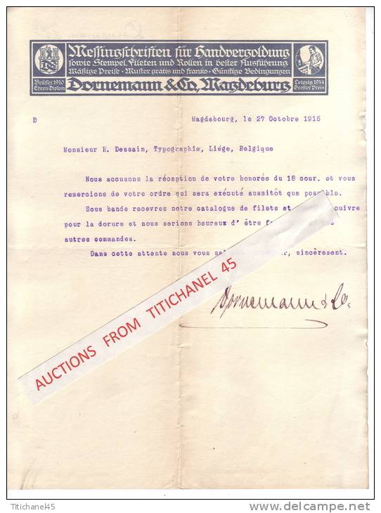 Brief 1915 - MAGDEBURG - DORNEMANN & Co - Schriftgisserei : Filetten Und Rollen - Fonderie De Caractères - Imprimerie & Papeterie