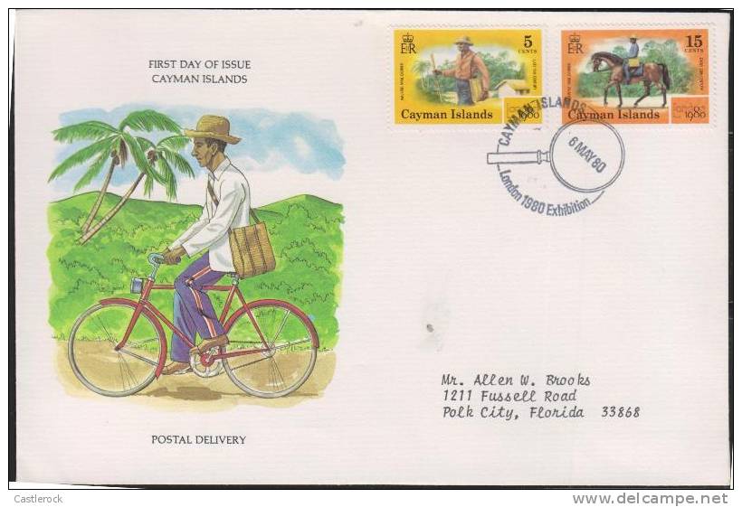 O) 1980 CAYMAN ISLANDS, WALKING MAIL CARRIER, MOUNTED MAIL CARRIER, FDC USED. - Caimán (Islas)