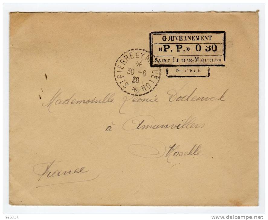 Saint Pierre Et Miquelon - 1926 -  LETTRE  GOUVERNEMENT  > 0 30 - Briefe U. Dokumente