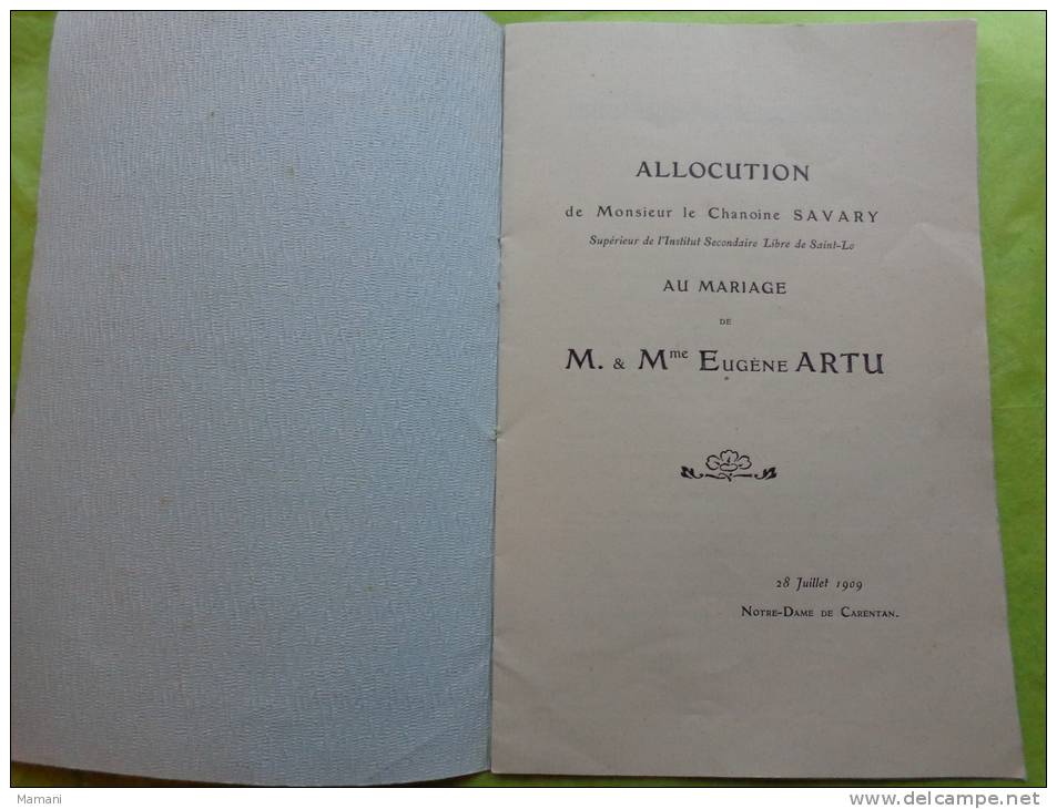 Allocution De Monsieur Le Chanoine Savary Au Mariage De Mr Et Mme Eugene Artu En 1909 Notre Dame De Carentan - Religione & Esoterismo