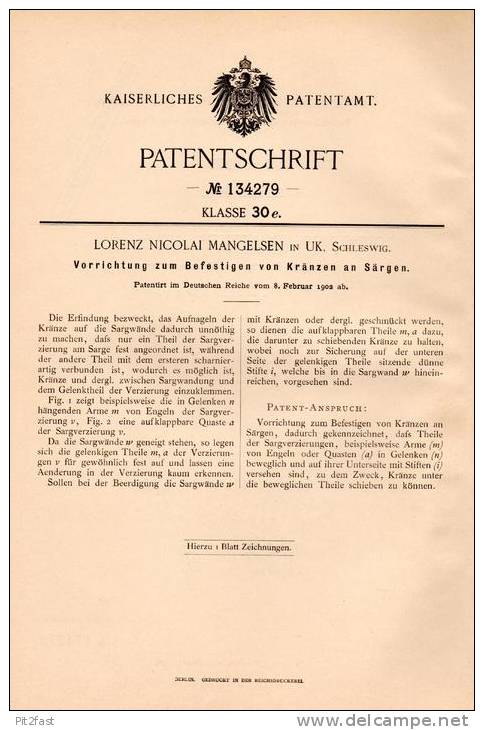 Original Patentschrift - L. Mangelsen In UK , Schleswig , 1900 , Kranzbefestigung Für Sarg , Bestatter , Friedhof , Tod - Historische Dokumente