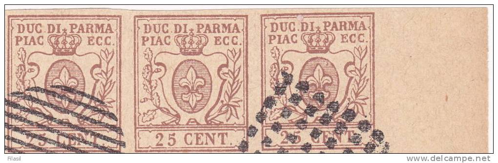 SI53D Italia Italy PARMA 25 C. 1857 FALSI SPIRO FORGERY FALSH OLD ITALIAN STATES Striscia Di 3 - Parma