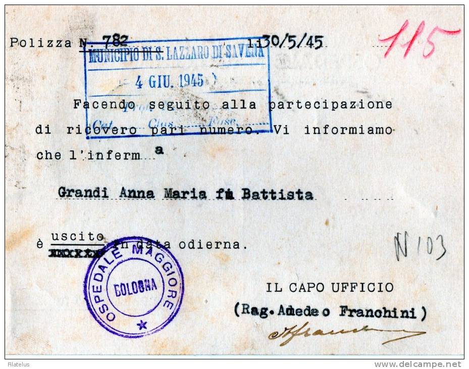 CARTOLINA POSTALE COMMERC SPEDITA AL PODESTA' DI SAN LAZZARO DI SAVENA-30-5-1945IALE-OSPE DALE MAGGIORE-BOLOGNA--POSTA A - Andere & Zonder Classificatie