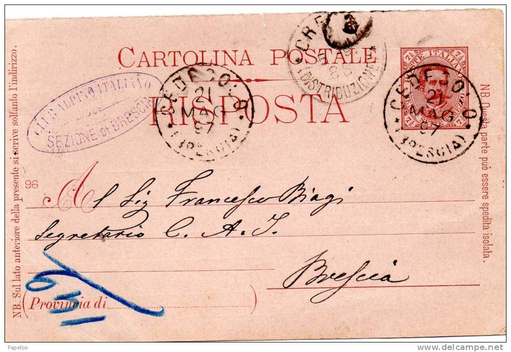 1897  CARTOLINA  CON ANNULLO CEDEGOLO BRESCIA - Entiers Postaux