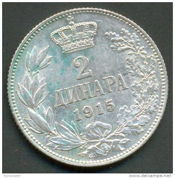 SERBIA , 2 DINARA 1915 , WITH DESIGNERS SIGNATURE ,UNCLEANED SILVER COIN - Servië