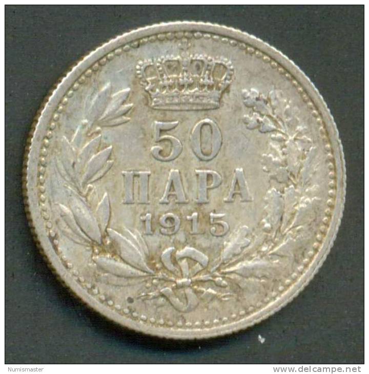 SERBIA , 50 PARA 1915 , WITH DESIGNERS SIGNATURE , COIN DIE ALIGNMENT, UNCLEANED SILVER COIN - Serbien