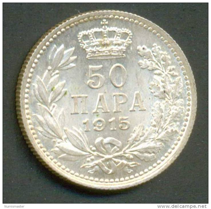 SERBIA , 50 PARA 1915 , W/O DESIGNERS SIGNATURE , COIN DIE ALIGNMENT, UNCLEANED SILVER COIN , UNC - Serbia