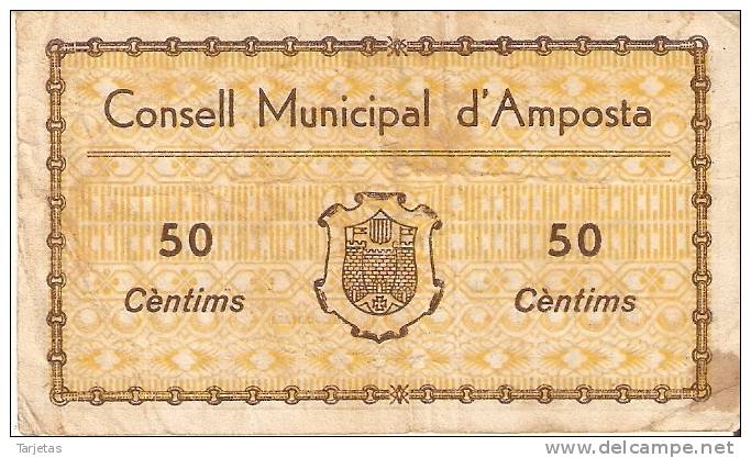 BILLETE DE 50 CTS DEL CONSELL MUNICIPAL D´AMPOSTA DEL AÑO 1937 (BANKNOTE) RARO - Other & Unclassified