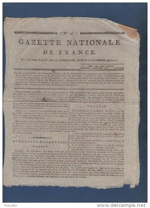 GAZETTE NATIONALE DE FRANCE 26 12 1795 - RUSSIE CHERSON - TURQUIE - LONDRES - ROUEN - CHOUANS LAVAL - ROCHEFORT - ANVERS - Kranten Voor 1800