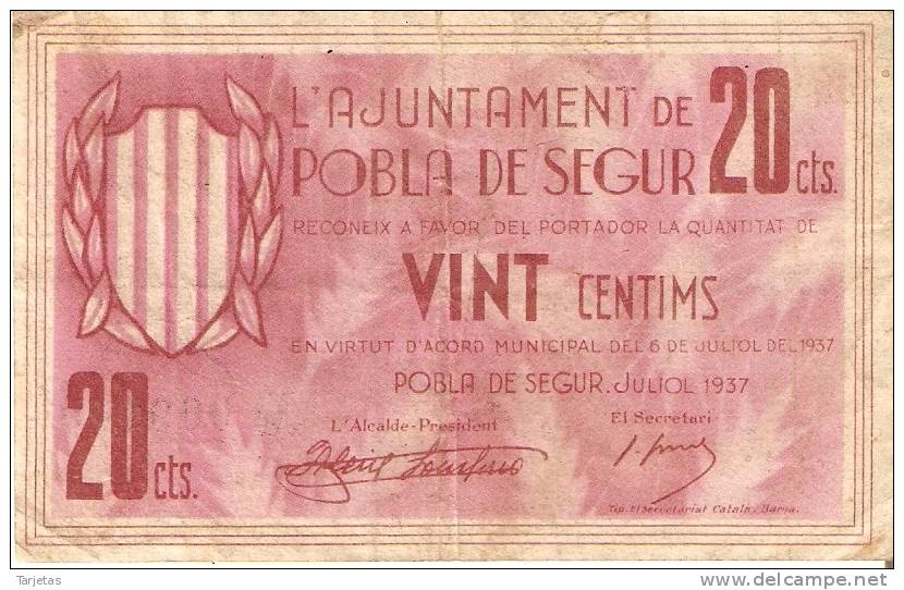 BILLETE DE 20 CTS DEL AJUNTAMENT DE LA POBLA DE SEGUR DEL AÑO 1937 (BANKNOTE) - Otros & Sin Clasificación