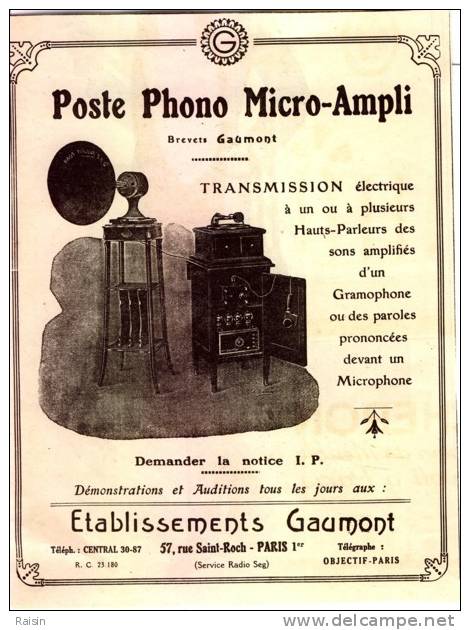Pub.1924  Poste Phono Micro-Ampli Ets Gaumont  TBE - Publicités